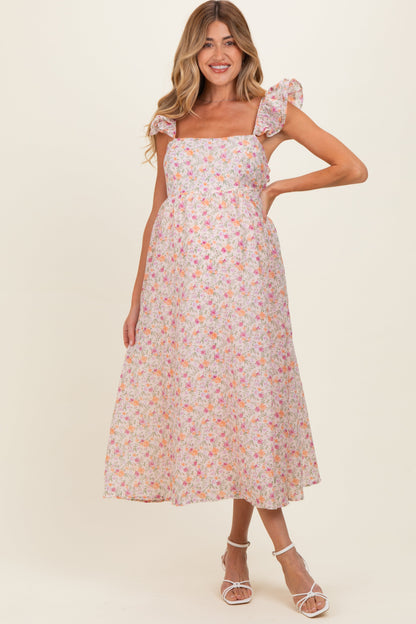 Blush Floral Ruffle Strap Maternity Midi Dress