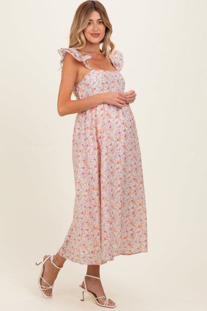 Blush Floral Ruffle Strap Maternity Midi Dress