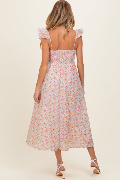 Blush Floral Ruffle Strap Maternity Midi Dress