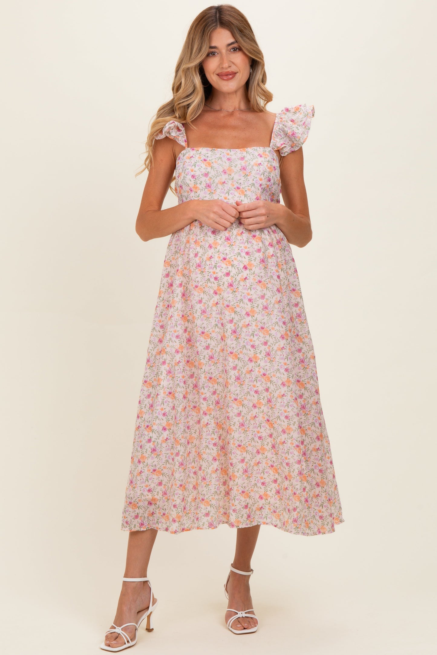 Blush Floral Ruffle Strap Maternity Midi Dress