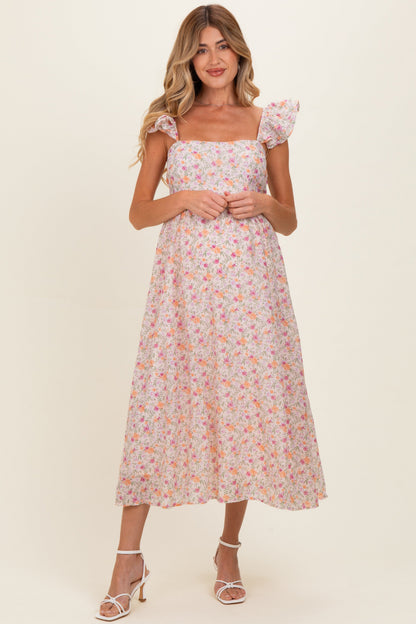 Blush Floral Ruffle Strap Maternity Midi Dress