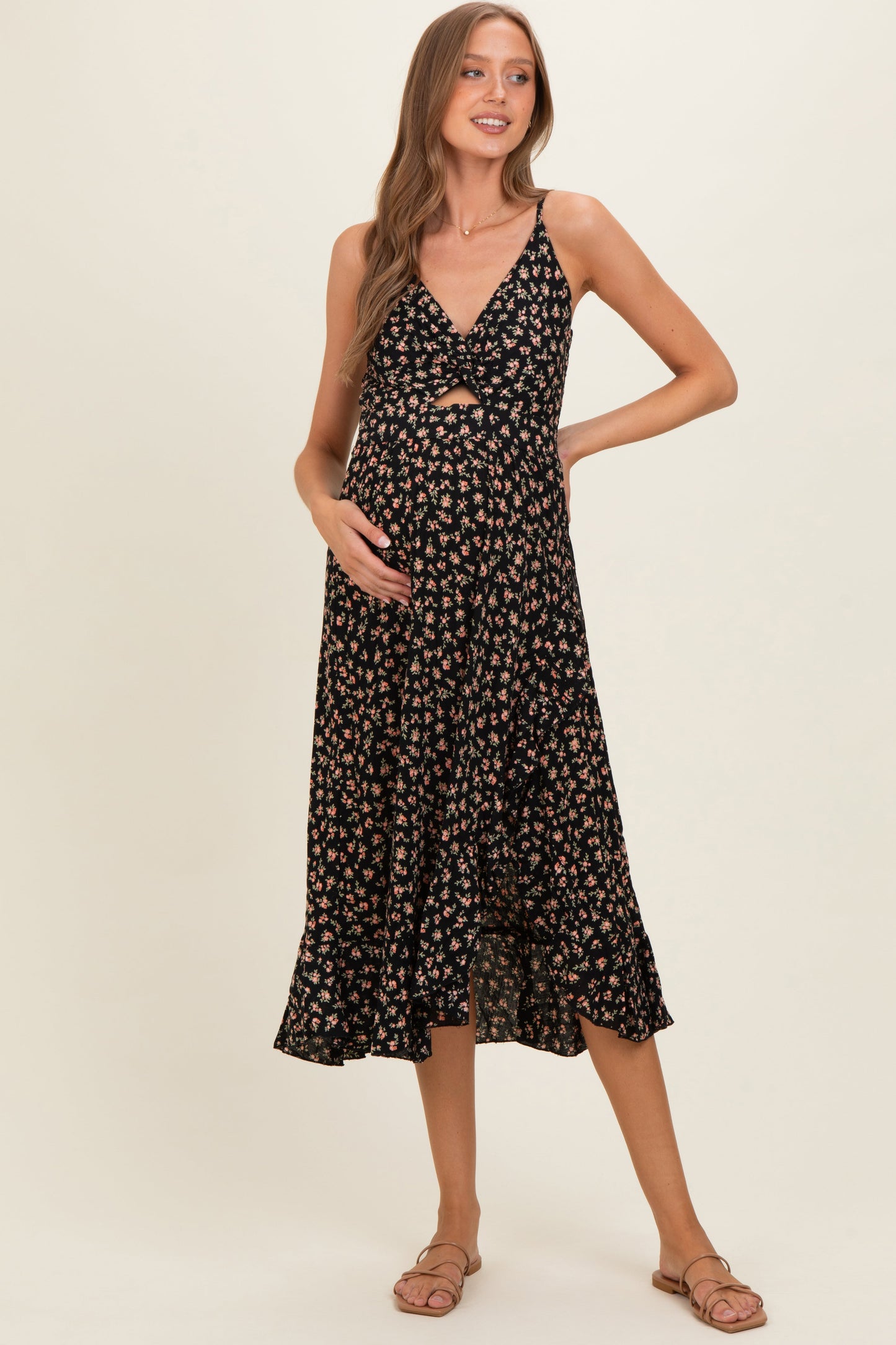 Black V Neck Twist Front Cut Out Side Ruffle Slit Maternity Midi Dress