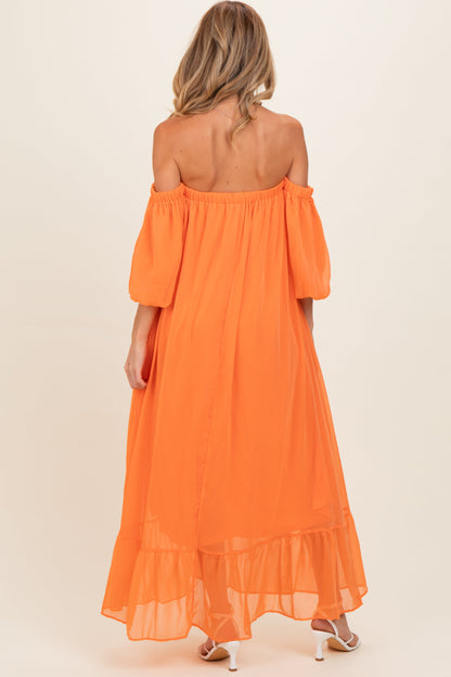 Orange Chiffon Off Shoulder Maternity Maxi Dress