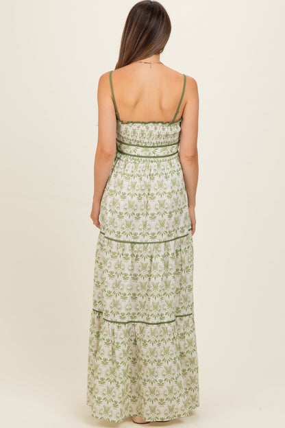 Green Printed Smocked Maternity Maxi Dress