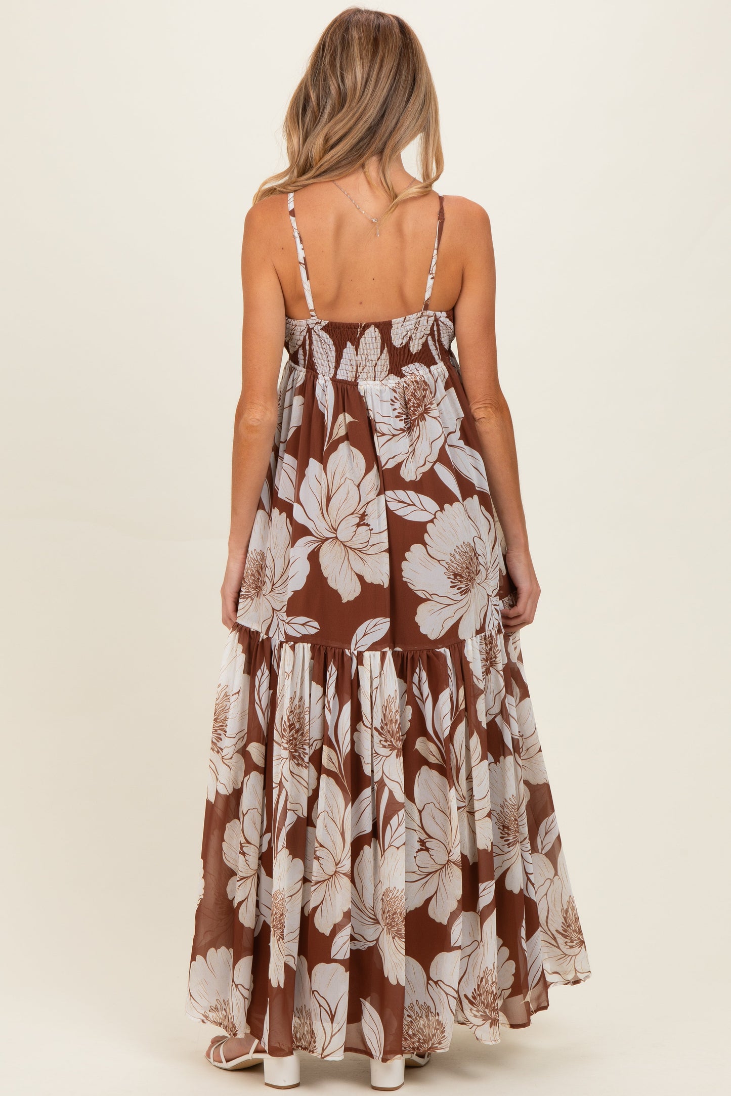 Brown Tropical Floral Maternity Maxi Dress