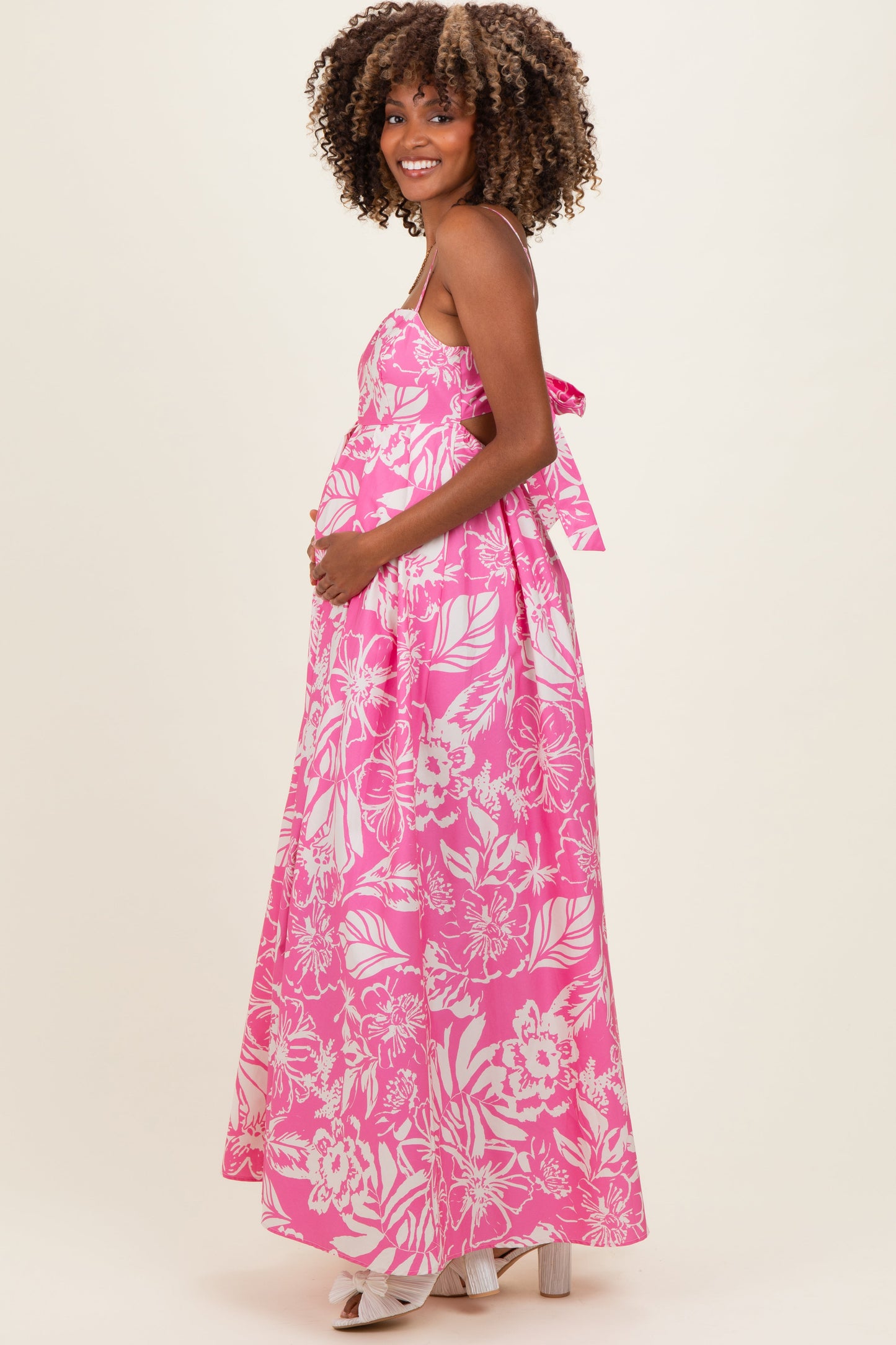 Pink Floral Printed Maternity Maxi Dress