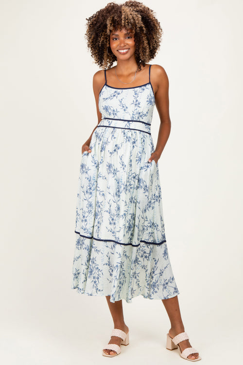 Blue Floral Cutout Tie Back Maternity Midi Dress