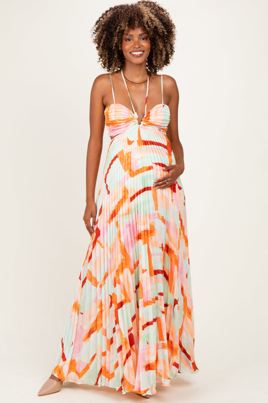 Multicolor Pleated Halter Cutout Maternity Maxi Dress