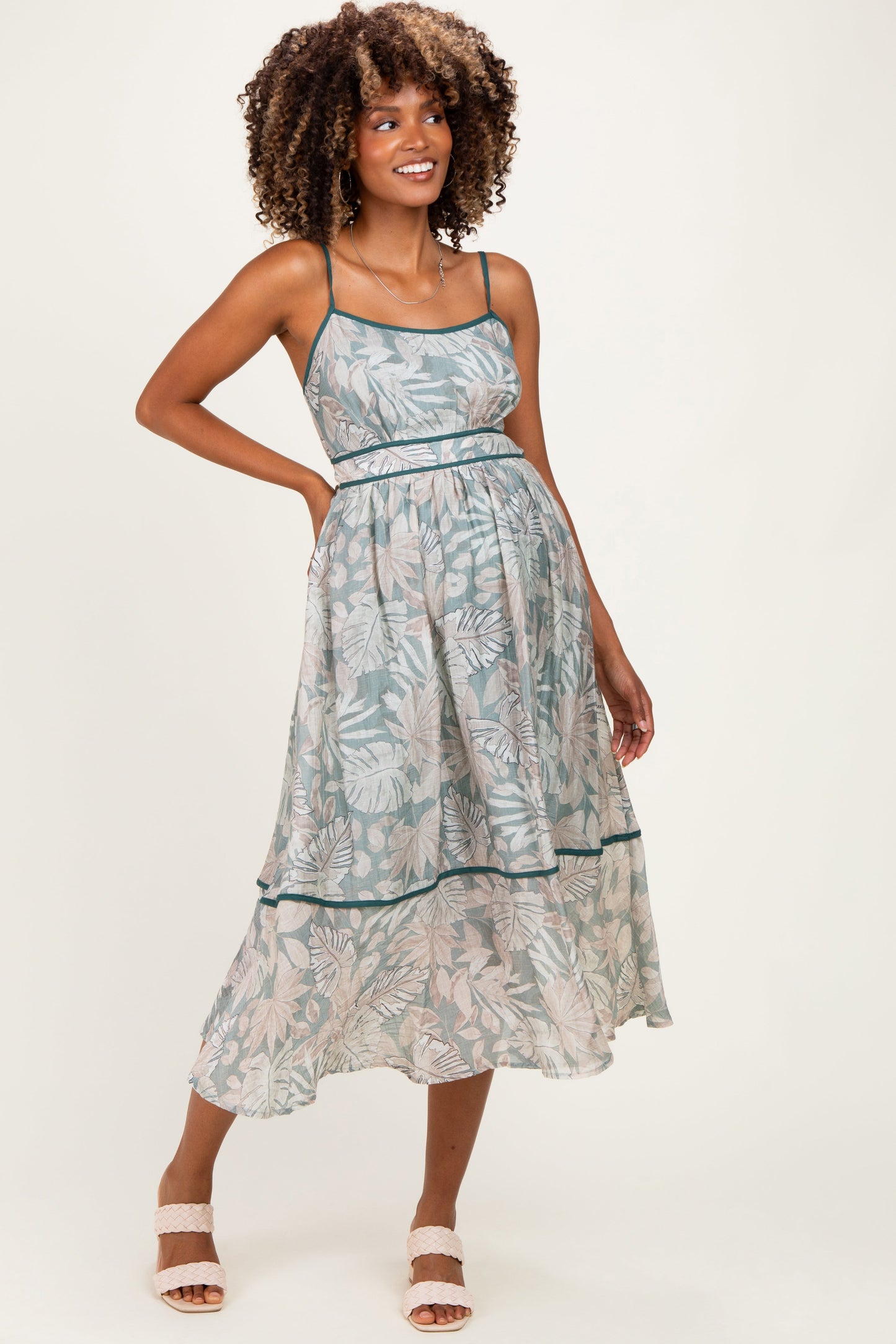 Dark Green Printed Cutout Tie Back Maternity Midi Dress
