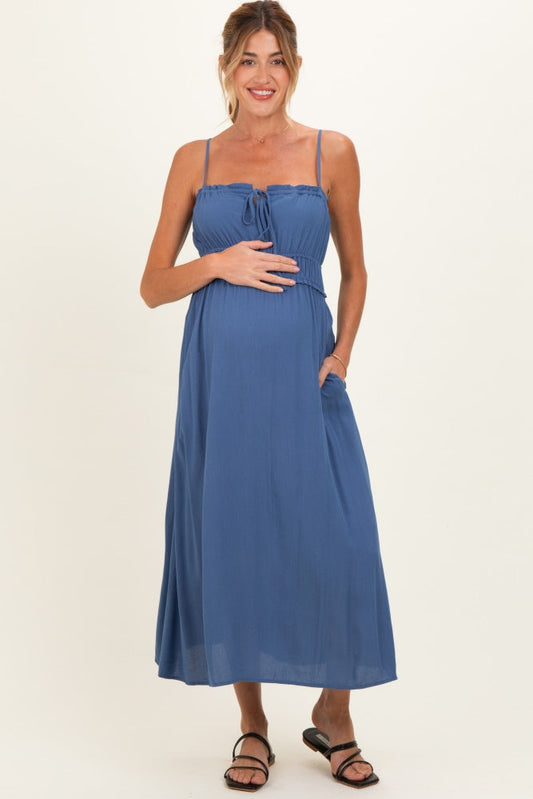 Denim Blue Solid Smocked Maternity Maxi Dress