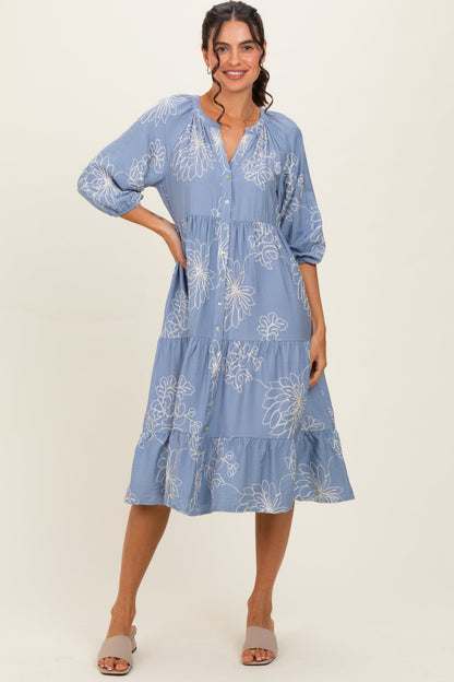 Blue Embroidered Tiered Maternity Midi Shirt Dress