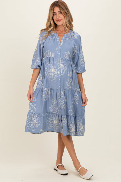 Blue Embroidered Tiered Maternity Midi Shirt Dress