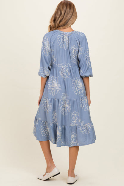 Blue Embroidered Tiered Maternity Midi Shirt Dress