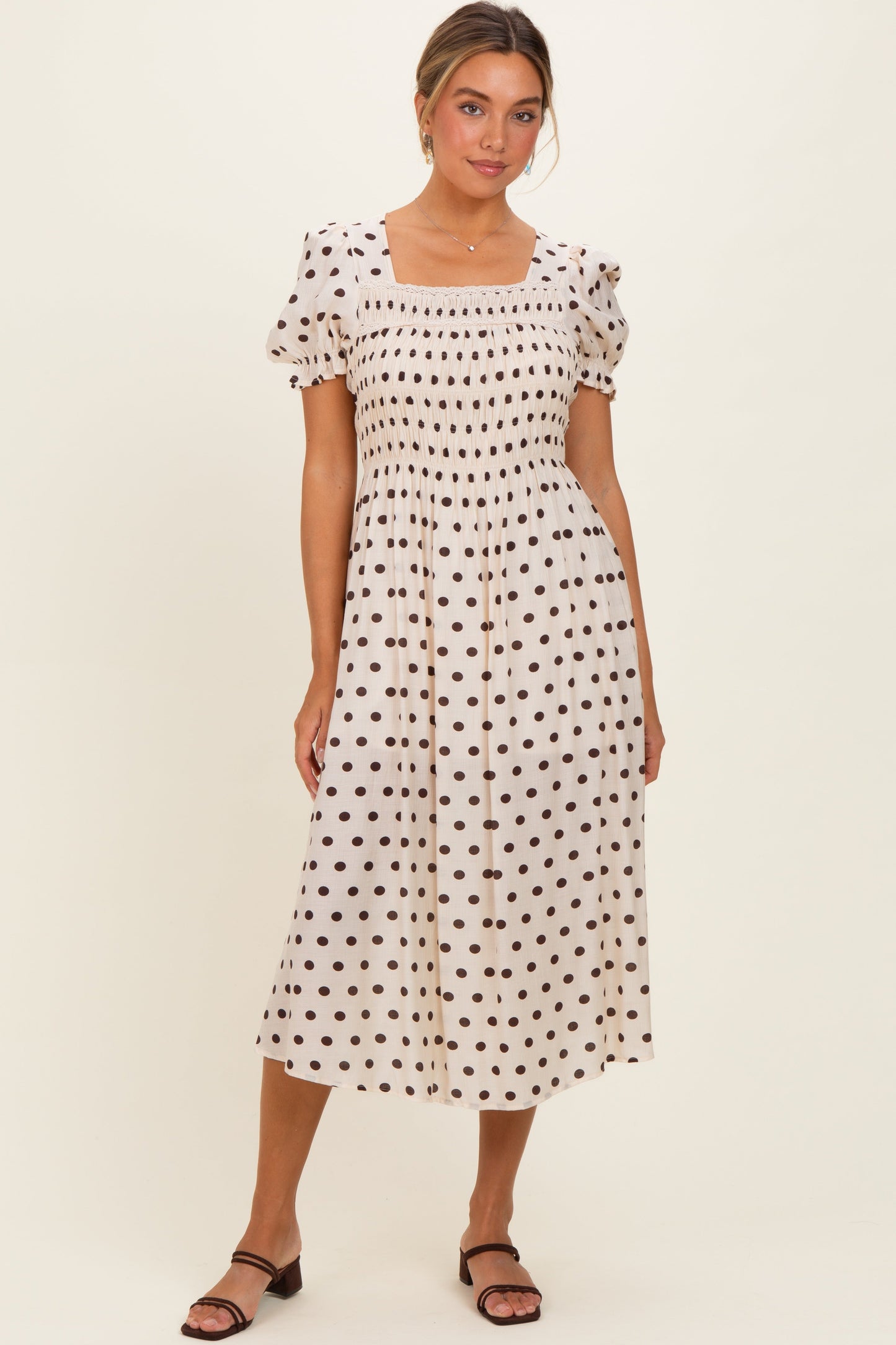 Ecru Polka Dot Smocked Maternity Midi Dress