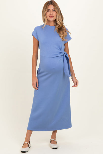 Blue Side Tie Short Sleeve Maternity Midi Dress