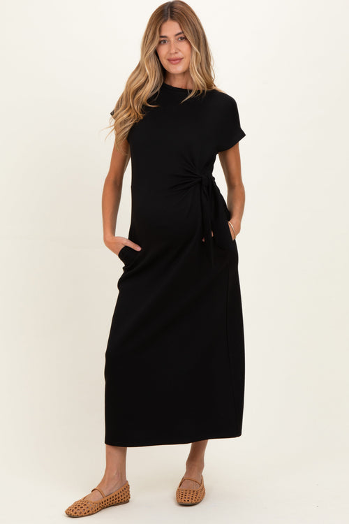 Black Side Tie Short Sleeve Maternity Midi Dress