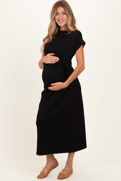 Black Side Tie Short Sleeve Maternity Midi Dress