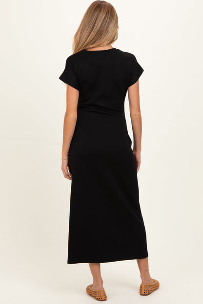 Black Side Tie Short Sleeve Maternity Midi Dress