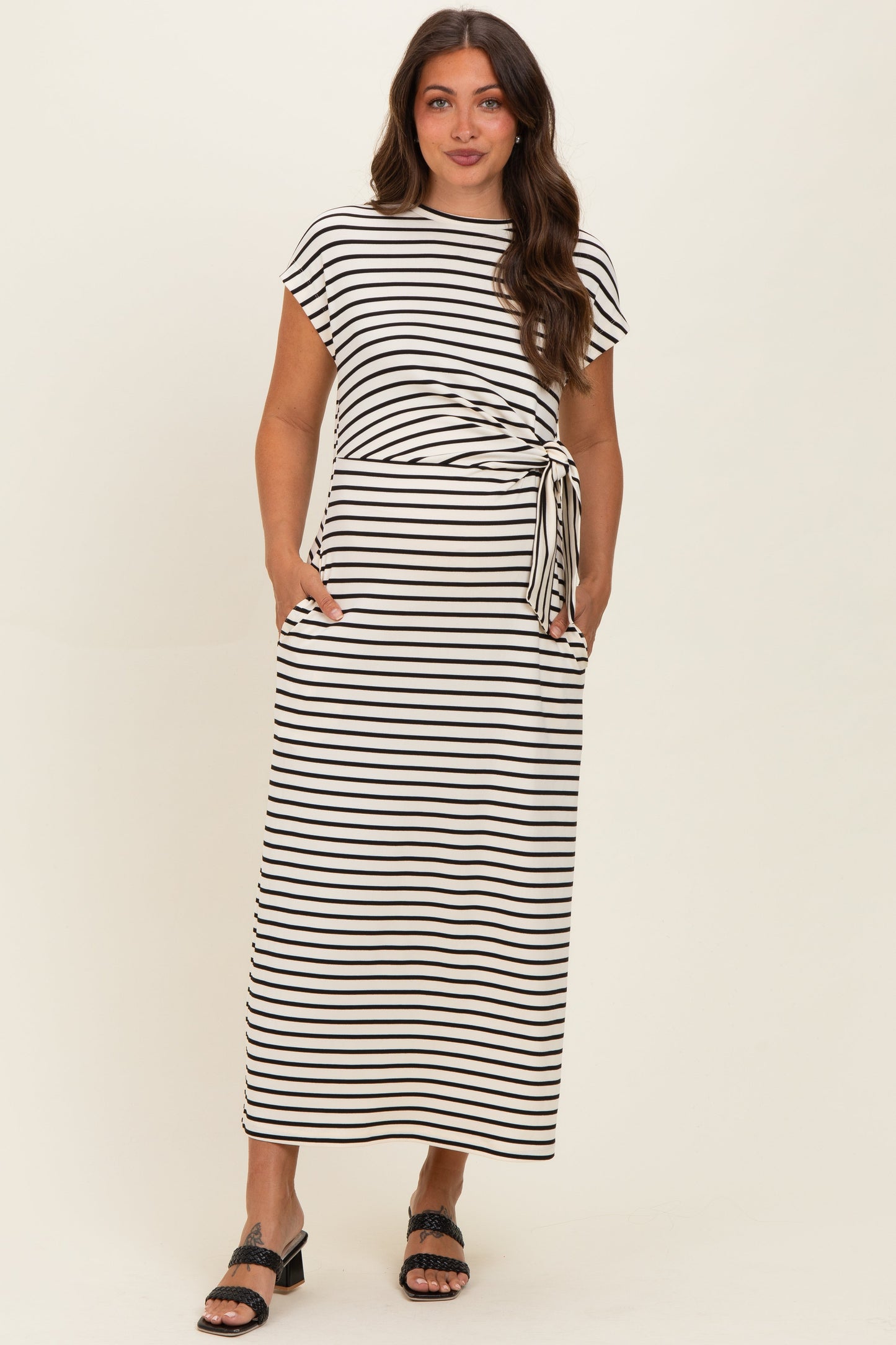 Cream Striped Side Tie Maternity Midi Dress