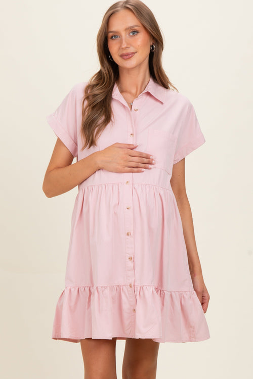 Rose Quartz Button Down Maternity Mini Dress