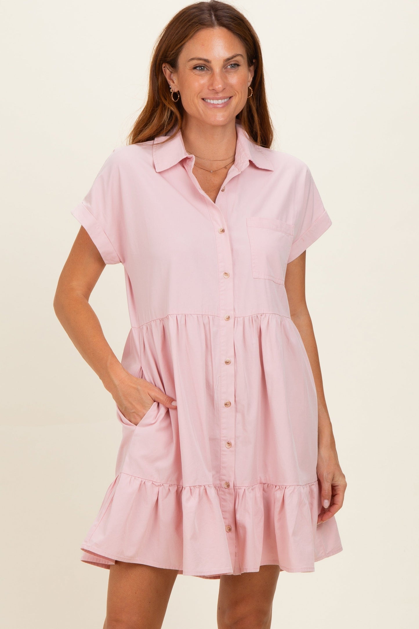Rose Quartz Button Down Maternity Mini Dress