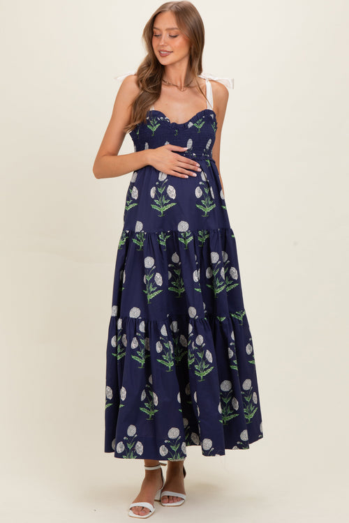 Navy Floral Sweetheart Neckline Smocked Maternity Maxi Dress