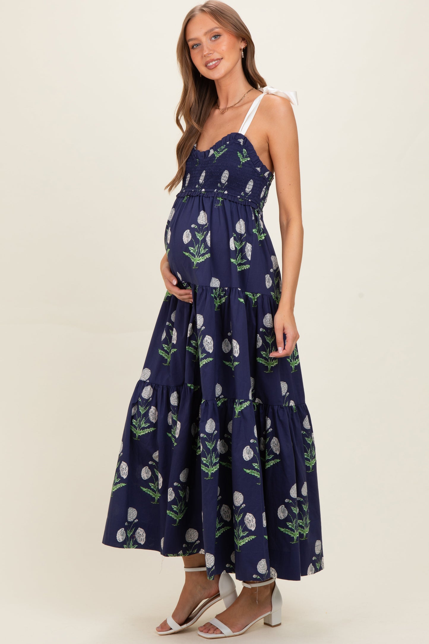 Navy Floral Sweetheart Neckline Smocked Maternity Maxi Dress