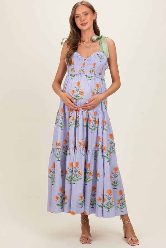 Lavender Floral Sweetheart Neckline Smocked Maternity Maxi Dress