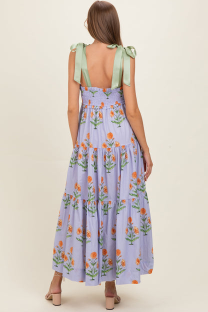 Lavender Floral Sweetheart Neckline Smocked Maternity Maxi Dress