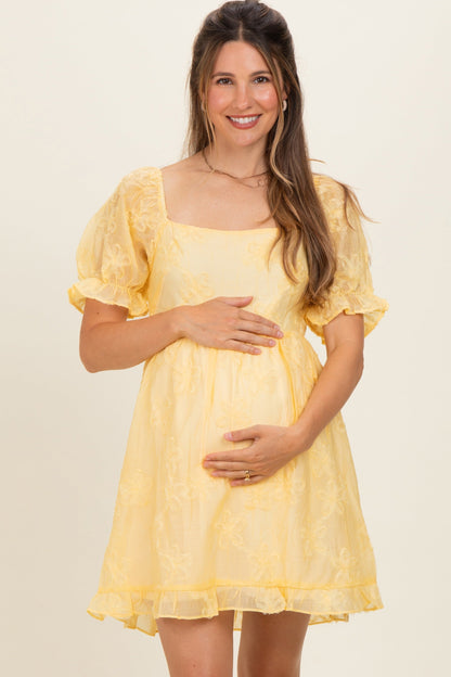Yellow Floral Applique Puff Sleeve Maternity Mini Dress
