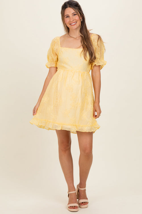 Yellow Floral Applique Puff Sleeve Maternity Mini Dress