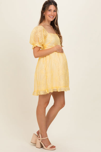 Yellow Floral Applique Puff Sleeve Maternity Mini Dress
