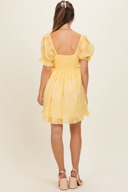 Yellow Floral Applique Puff Sleeve Maternity Mini Dress