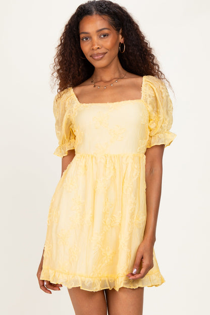 Yellow Floral Applique Puff Sleeve Maternity Mini Dress