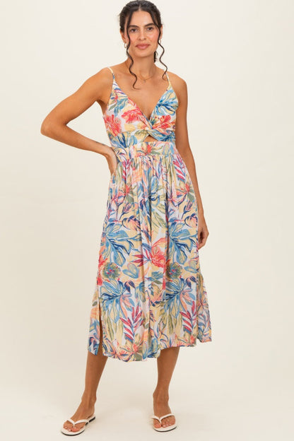 Yellow Tropical Floral Twisted Front Cutout Maternity Midi Dress