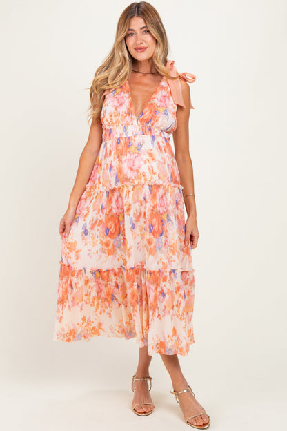 Peach Floral Plisse Shoulder Tie Maternity Dress