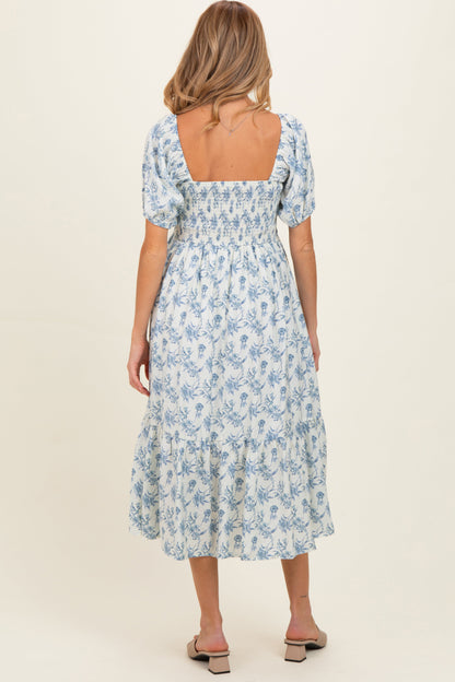 Porcelain Blue Floral Smocked Puff Sleeve Maternity Midi Dress