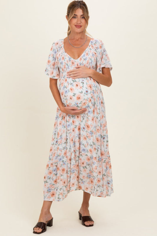 Multicolor Floral Smocked Flutter Sleeve Maternity Maxi Dress