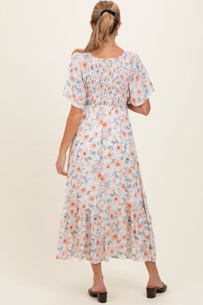 Multicolor Floral Smocked Flutter Sleeve Maternity Maxi Dress