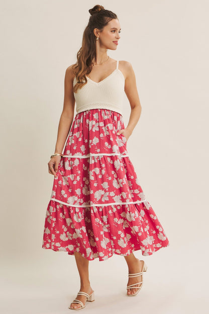 Cherry Red Floral Crochet Knit Top Floral Skirt Maternity Dress
