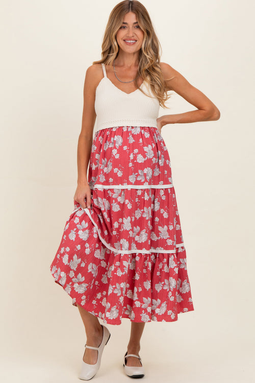 Cherry Red Floral Crochet Knit Top Floral Skirt Maternity Dress