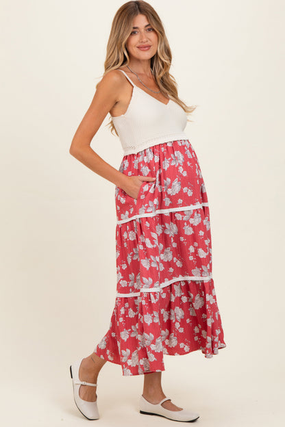 Cherry Red Floral Crochet Knit Top Floral Skirt Maternity Dress