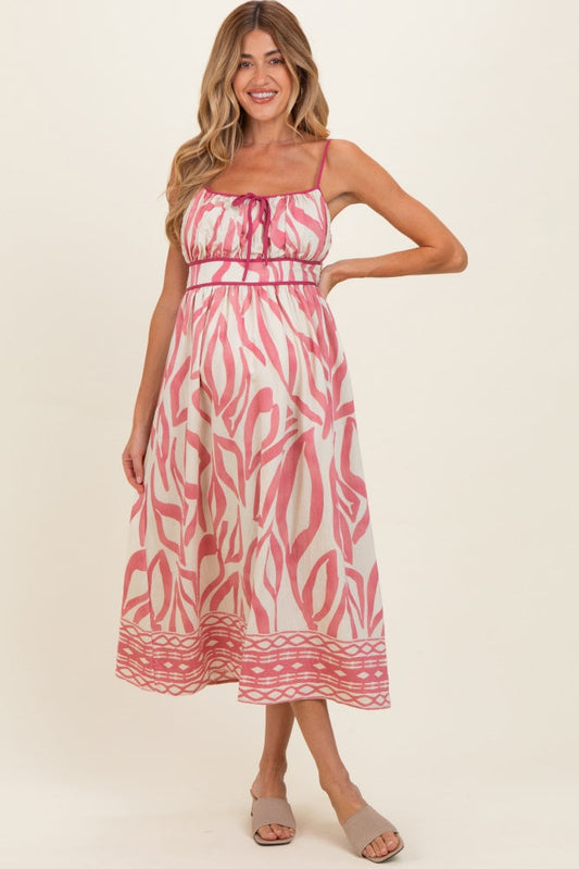Pink Printed Front Tie Maternity Midi Dress