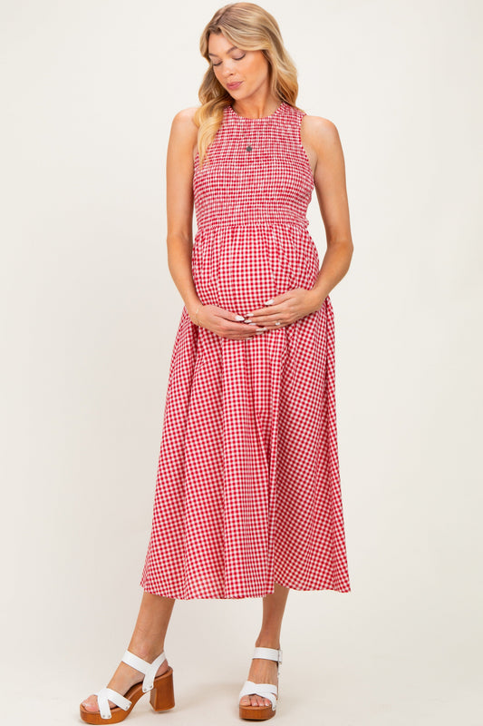 Red Gingham Smocked Cutout Tie Back Maternity Maxi Dress