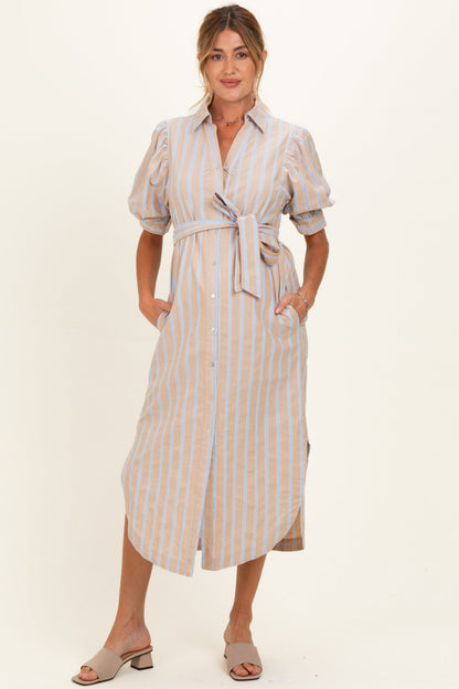 Sand Striped Puff Sleeve Maternity Midi Shirt Dress