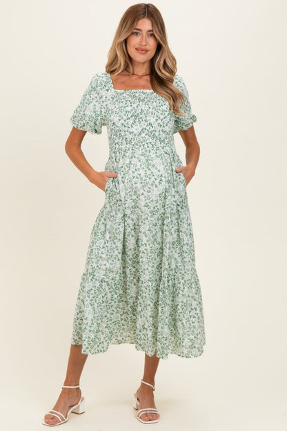 Green Floral Smocked Short Sleeve Maternity Midi Dress