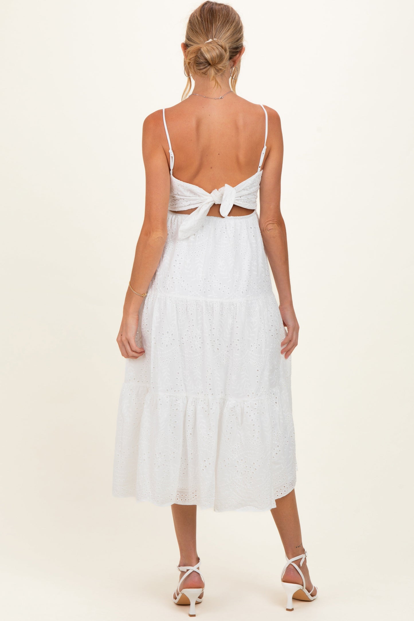 Off White Eyelet Lace Cutout Tie Back Maternity Midi Dress