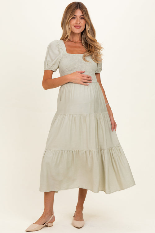 Sage Smocked Puff Sleeve Tiered Linen Maternity Midi Dress