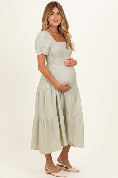 Sage Smocked Puff Sleeve Tiered Linen Maternity Midi Dress