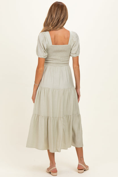 Sage Smocked Puff Sleeve Tiered Linen Maternity Midi Dress